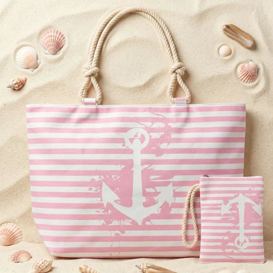 🏖️ Le Grand Sac de Plage Rayé Rose & Ancre “Evasion” + Pochette Assortie