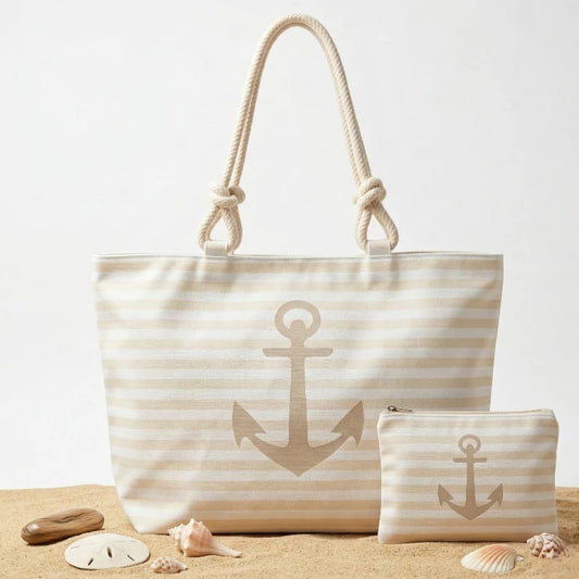 🏖️ Le Grand Sac de Plage Rayé Beige & Ancre “Evasion” + Pochette Assortie