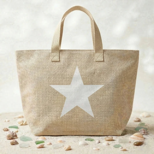 🏖️ Grand Sac de Plage Beige Motif Étoile